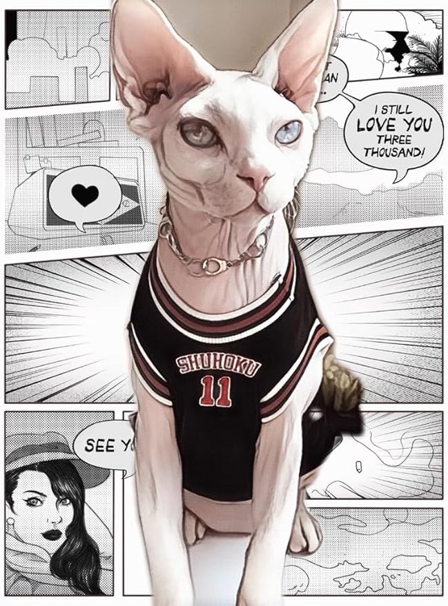 Sphynx Cat Basketball Jersey, Anime-Inspired Pet Shirt, Breathable Stretchy Cotton Outfit for Hairless Cats & Small Dogs, Sleeveless Sport Costume for Cats (Black, Large (5-7lbs))