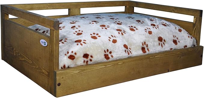 Iconic Pet Sassy Paws Wooden Pet Bed with Paw Printed Comfy Cushion for Dogs & Cats in Varying Sizes & Colors, Small-Rustic Brown