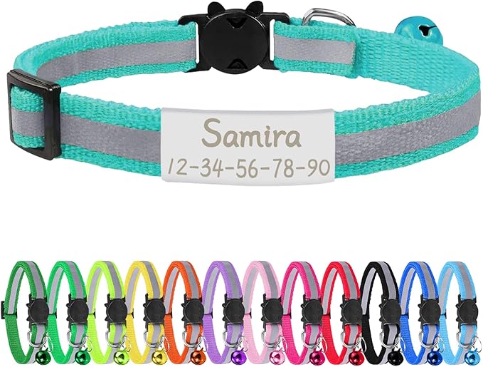 CAMAL Reflective Cat Collar Personalized with Pet ID Tag, Safety Breakaway Cat Collar with Name Tag, Mint Green Kitten Collar with Bell for Boy Girl Cats Puppies