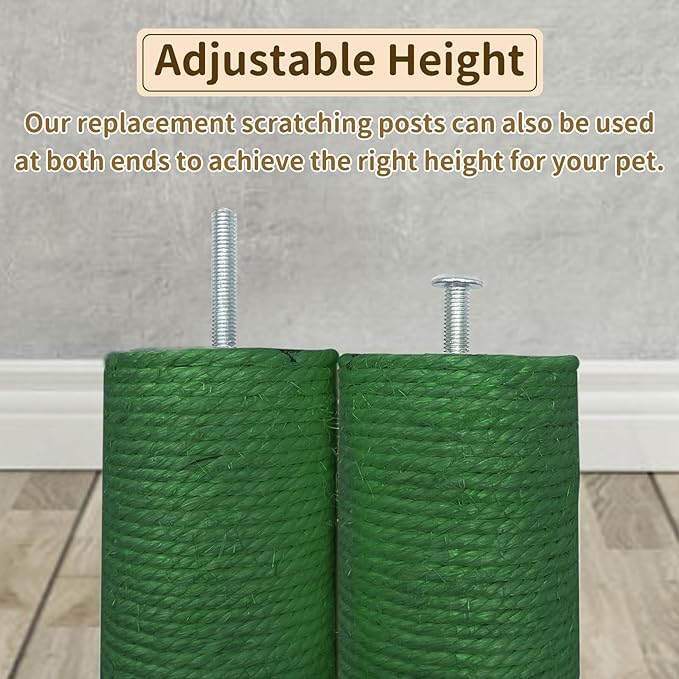 Fhiny 2PCS Cat Scratching Post Replacement, 15.7inch M8 Natural Sisal Cat Scratch Post with Cat Self Groomer Refill Pole Parts Kitten Climbing Furniture Protector Hemp Rope Scratcher for Spare Green