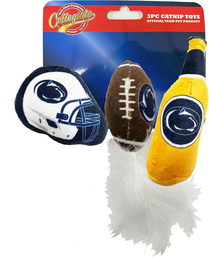 Best Plush CAT Toy - NCAA Penn State Nittany Lions Complete Set of 3 piece Cat Toys Filled with Fresh Catnip. Includes: 1 Helmet Cat Toy, 1 Football Cat Toy with Feathers, & 1 Beer Bottle.