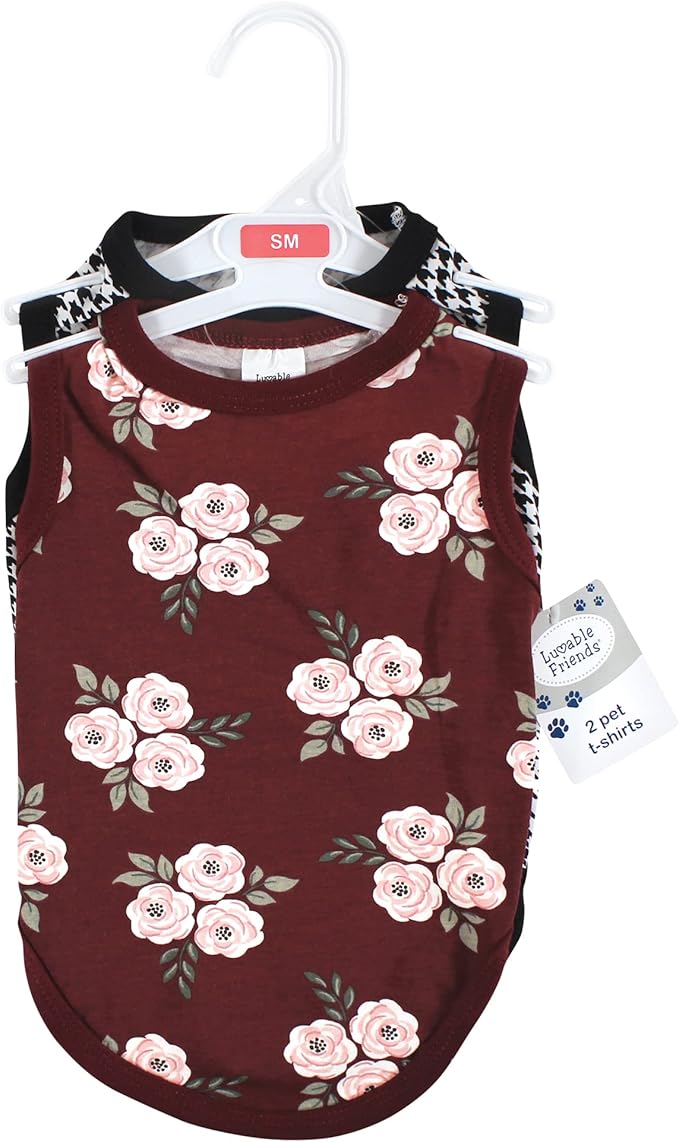 Luvable Friends Dog Pet Dog and Cats Cotton T-Shirts 2pk, Burgundy Floral Houndstooth, X-Small