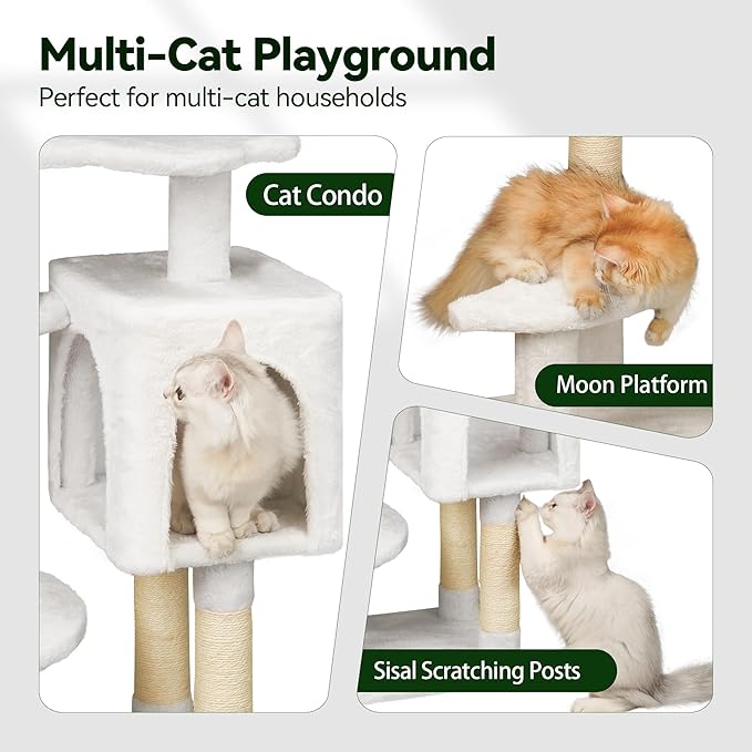 Meecal 43-Inch Cat Tree,Cute Cloud Cat Tree for Kittens & Small Cats Under 6 Months 9lbs, Cat Tower with Scratching Post, Double Condos, Plush Hammock & Dangling Toys, White