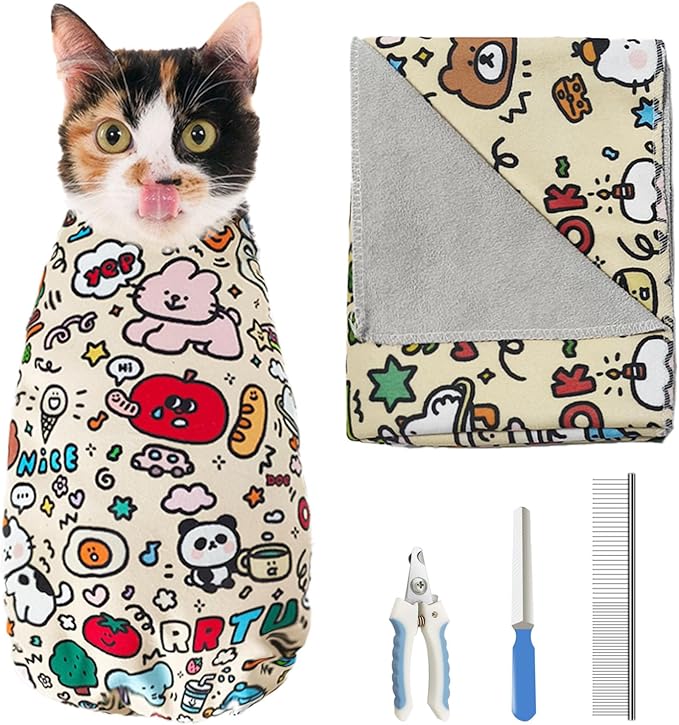 4 Pieces Cat Grooming Wrap with Relaxation Cat Nail Clipper Set 27.6 Inches Cat Wrap Anti-Scratch Cat Swaddle Wrap Anti-Escape Cat Burrito Wrap for Medicine Nail Clipping Teeth Brushing Ear Cleaning