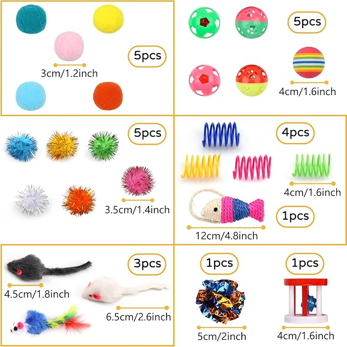 QUOZUO Cat Toys Kitten Toys Assortments, 32 Packs Interactive Cat Toy Variety Pack for Kitty, Cat Wand Toy, Cat Crinkle Balls Bell Balls with Bells, Cat Spring Toy, Catnip Toys for Indoor Cats Kitten
