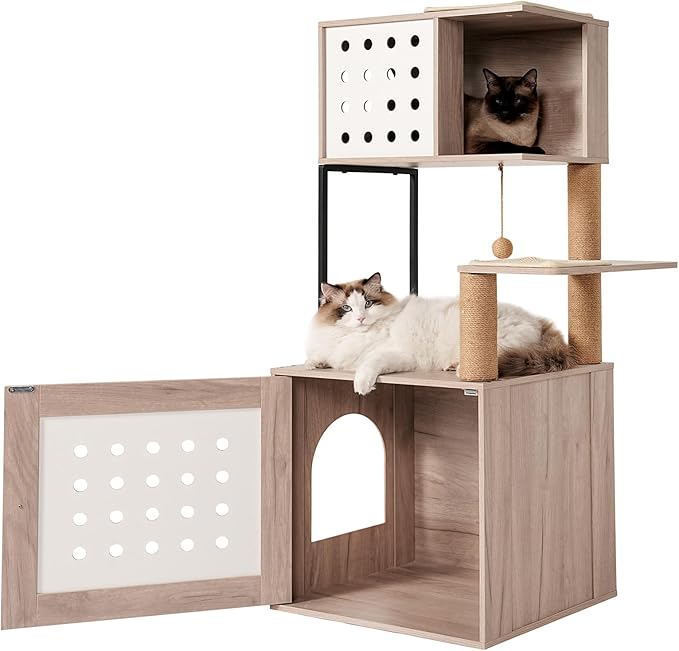 Modern Cat Tree Condo Tower Cat House Washroom Furniture Litter Box Enclosure with Scratching Posts, Feeding Bowl & Cat Teaser Ball, White+Gray (21.70" Lx16.90 Wx47.20 H)