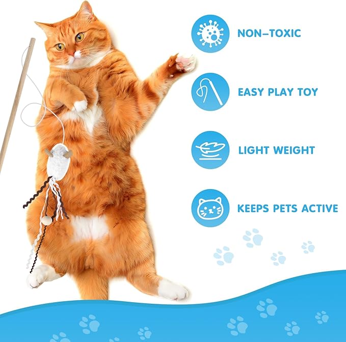 NOWFRESH Cat Wand Toy Set, 2 PCS Interactive Cat Teaser Wands with Cute Bee & Mouse Designs, Equipped with Bells and Streamers to Captivate Your Cat’s Attention