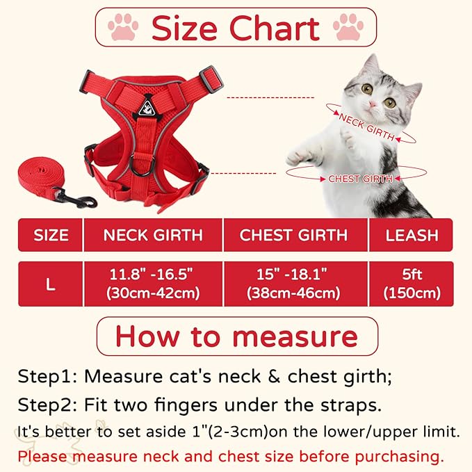 Cat Harness and Leash Set, Upgraded Escape Proof Adjustable Kitten Vest with Lead for Small Cat Outdoor Walking, Soft Breathable Mesh Jacket with Reflective Strips for Dark Night L Red2
