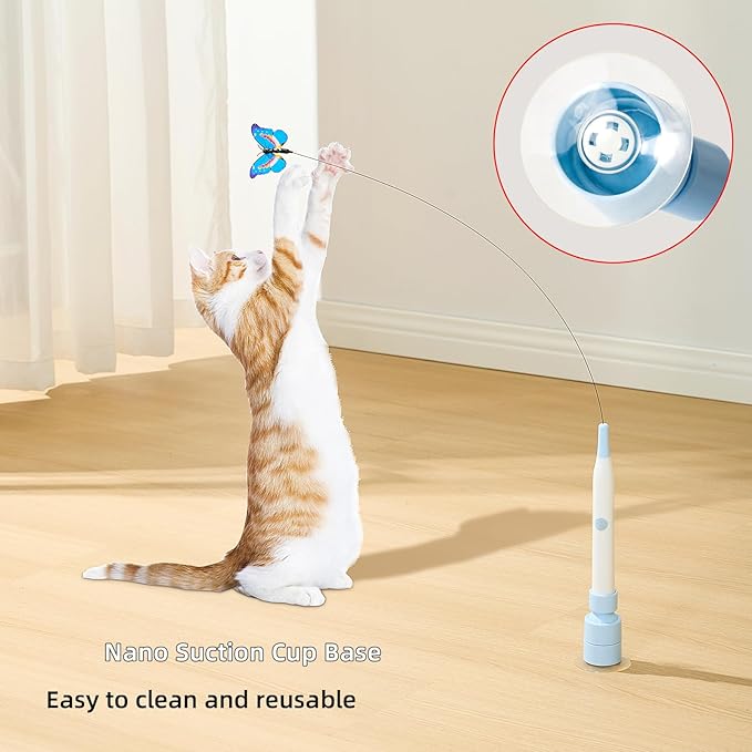Electric Butterfly Cat Wand for Indoor Cats, 360 Spinning Self-Play with 2 Modes & Tap-to-Awake, Rechargeable Cleanable Suction Base, 3 Butterfly Refills, Interactive Cat Toy