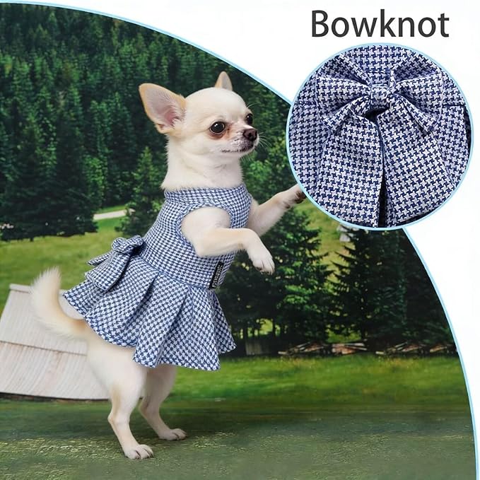 Classic Plaid Dog Dress with Bow Tie for Small Dogs Cats Girls, Cute Puppy Dresses Clothes with Bowknot Chihuahua French Bulldog Pet Apparel Outfits (Blueberry Blue, Medium)