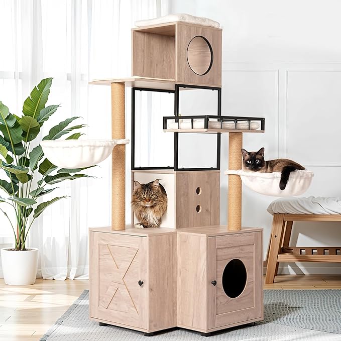 Modern Cat Tree Condo Tower Cat House Washroom Furniture Litter Box Enclosure with Scratching Posts, Hammocks, Removable Washable Cushion & Toy Hanger, White+Gray(25.60" Lx25.60 Wx63.00 H)