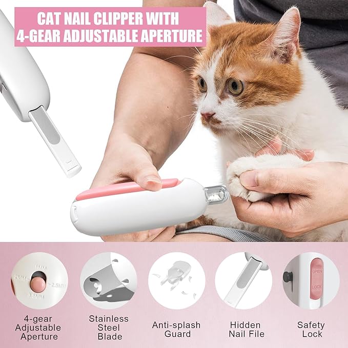 Professional Cat Nail Clipper and Trimmer with 3 Adjustable Safety Levels (1-3.5mm), Kitten Supplies, Puppy Grooming Tools, with Debris Catcher & Hidden Nail File Pink