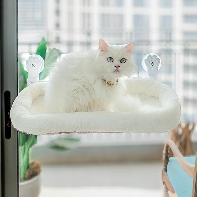 Cordless Cat Window Perch with 4 Suction Cups, Sturdy & Soft Cat Window Hammock, One-Tap Fold Up Cat Window Seat, Great for Indoor Cats, Soft Reversible Cushion, Can Hold Weight Upto 40lbs