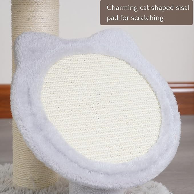 Petpals Medium Size Cat Tower with Replaceable Sisal Scratching Posts, Cat Head Shaped Sisal Scratching Pad and 2 Platform Shag Faux Fur View Perchs, for Indoor Cats, Light Grey (Light Grey)