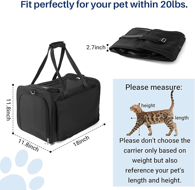 Pet Carrier for Large Cats, Soft Cat Carrier for Medium Big Cats and Puppies up to 20lbs, Washable Dog Carrier 18" L x 11.8" W x 11.8” H for Traveling Home and Outdoor