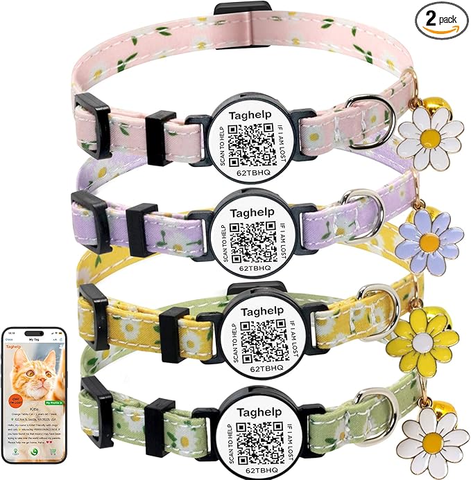 4 PCS Cute Flower Cat Collar with QR Code ID, 4-Pack Safety Breakaway Kitten Collars Set with Bell, Adjustable Gift for Cat Lovers
