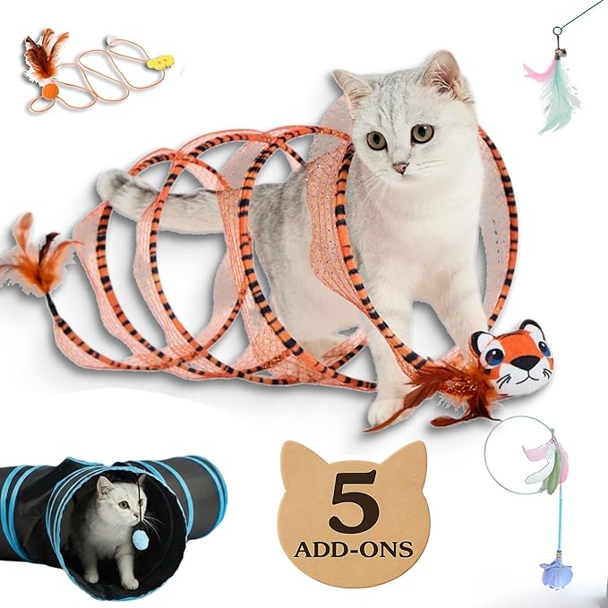 Toy Box – 5 Interactive Indoor Cat Toys with Spiral Tunnel, 3-Way Mesh Tunnel, Feather Wand, Ribbon Teaser & Suction Cup for Active Cats