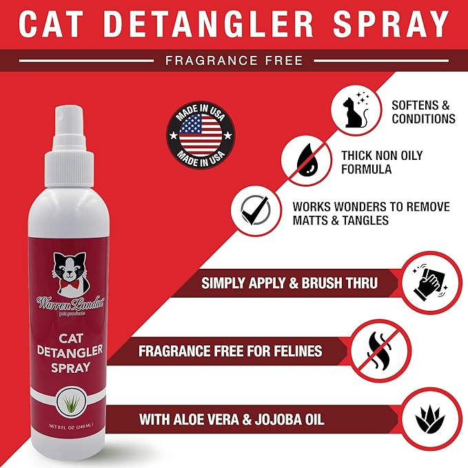 Warren London Cat Detangler Spray for Matted Hair | Leave in Conditioner Pet Detangling Spray that Demat & Refreshes | Use with Cat Brush or Grooming Glove | Made in USA | 8oz