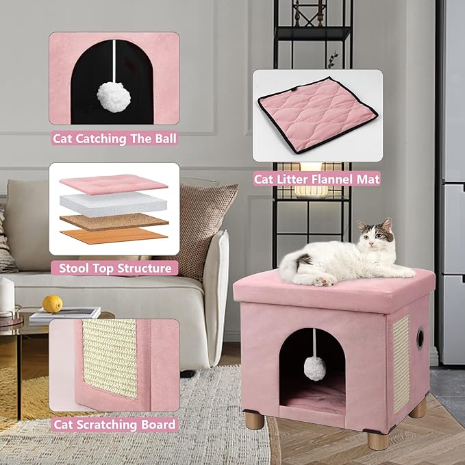 BRIAN & DANY Cat Beds for Indoor Cats,Cat Cave House for Kitten with Scratch Board & Ball,14.5X 12.5X 14.1 inches, Pink