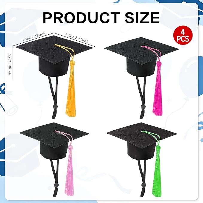 Mini Graduation Caps, 4 Pack Black Mini Graduation Caps with Gold Red Pink and Green, Small Animal Bachelor Hats for Adjustable Pet Graduation Photo Props Cat Dog Holiday Costume Accessories