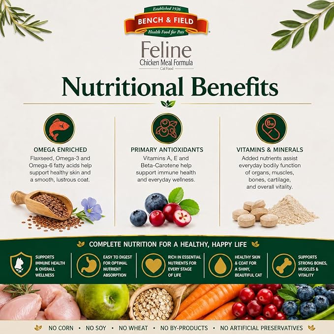 Bench & Field Holistic Premium Dry Cat Food, Chicken Meal & Brown Rice Recipe, Made Without Corn, Wheat, or Soy, All Life Stages, 25 lb Bag (Pack of 1)
