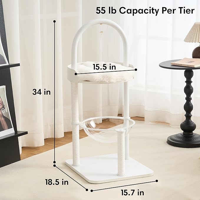 Modern Cat Tree, Wood Cat Tower with Steel Frame, Scratching Posts, Cat Capsule, Plush Mat, Bell Dangling Toy, Aesthetic Minimalist Heavy-Duty Cat Climbing Tree for Large Indoor Adult Cats-White
