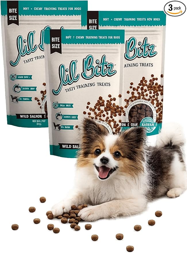 Lil' Bitz Soft & Chewy Dog Training Treats, Wild Salmon + Kelp Flavor, Grain Free Bite Size Reward Treats for All Breeds, Made with Natural Ingredients (4 oz Bags, Pack of 3)