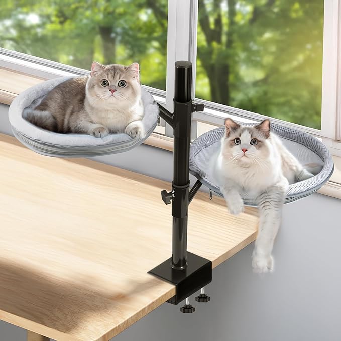 Double Layer Large Cat Desk Bed, 360° Rotating & Adjustable Shelf, 15" Thickening Desk Mounted Cat Bed with 2 Perches Holds Up to 66lbs for Office/Home