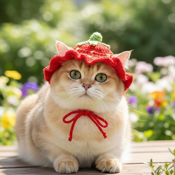 Strawberry Cat Hat Soft Polyester Cartoon Design Knit Cute Dog Hat Rabbit Hats Halloween Christmas Party Costume Head Wear Accessories for Puppy Cat Kitten Small Dogs Small Animals Pets Red (M)