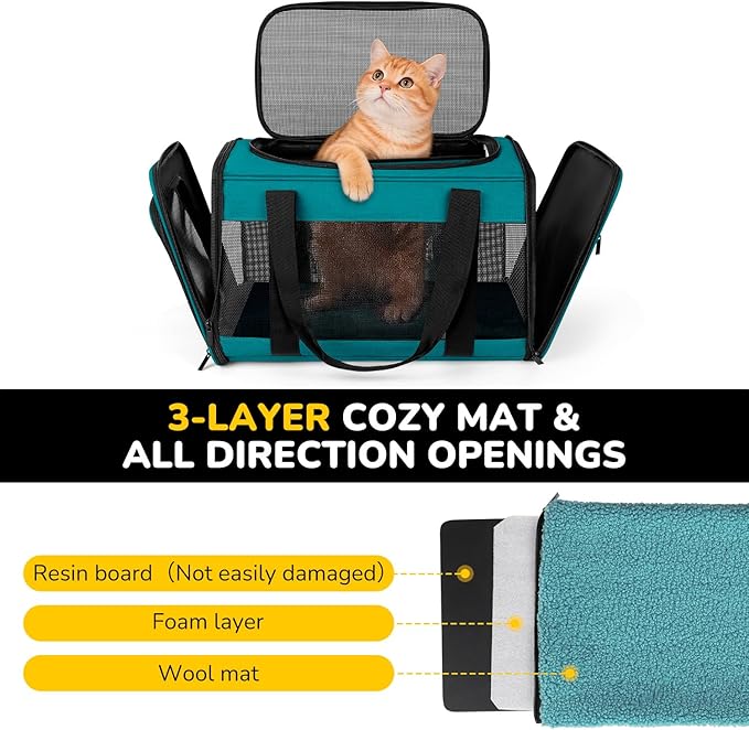 Hipubby Cat Carrier Dog Carrier for Pets Up to 16 Lbs, Soft-Sided Pet Travel Carrier for Cats and Small Dogs, Airline Approved Pet Carrying Case with Shoulder Strap & Removable Mat - Blue