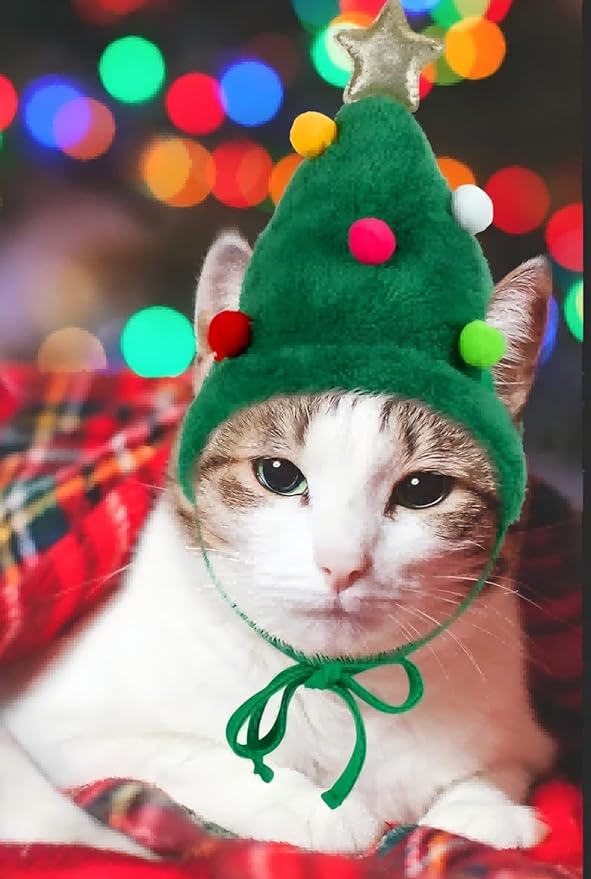 Christmas Tree Hat & Bib Set for Pets, Adjustable Dog Cat Costume with Pom-Pom for Xmas Party & Photos(S)
