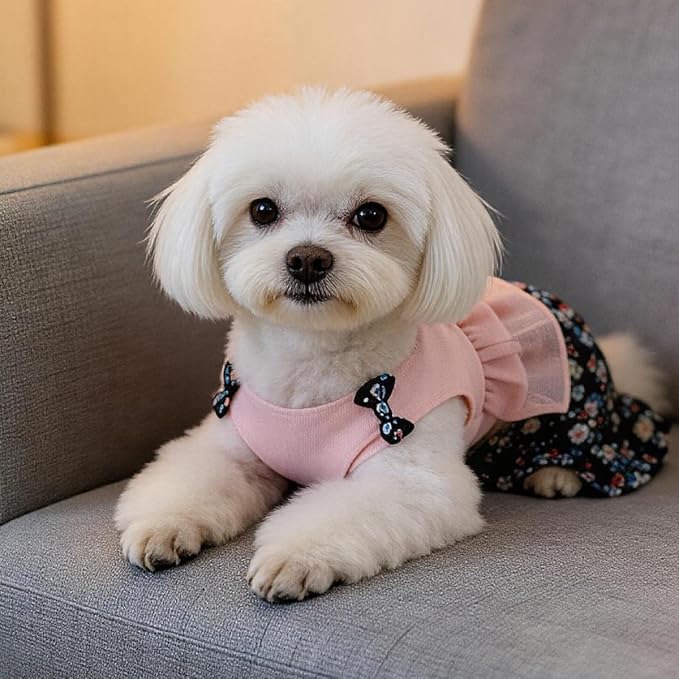Vintage Floral Bowknot Sleeveless Romper for Small Dogs Cats Rabbits, Breathable Cotton Ruffle Flared Pants, Teacup to Small-Medium Pets for Walk Photo Vacation (Pink-Floral, Large)