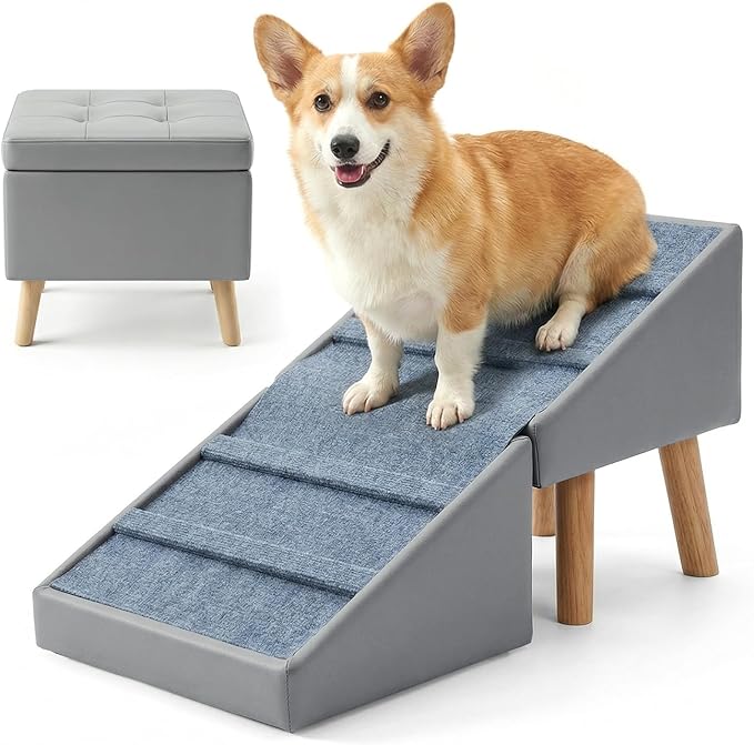Dog Ramp for Small Dogs, 18.5" Extra Wide 3-in-1 Dog Stair with Foldable Ottoman & Hidden Storage Design, 15.7" H Safer Leather Pet Steps for Couch Sofa Bed (Grey)