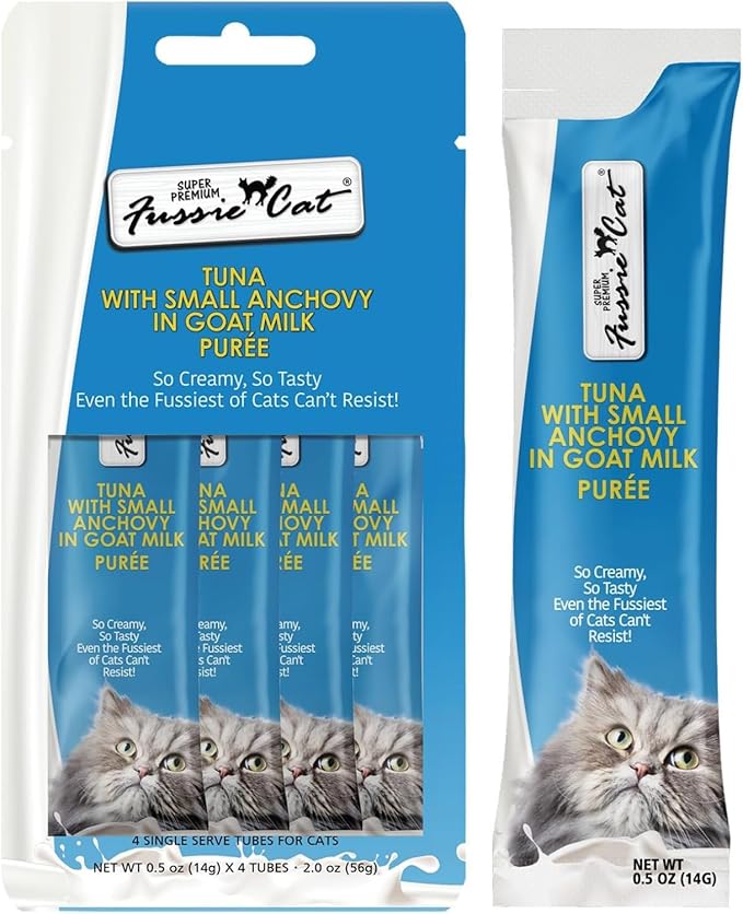 Fussie Cat Premium Puree Lickable Cat Treats in Goat Milk, Tuna Variety Flavor Pack, 3 Packs of 4-0.5oz Tubes,(12 Total Tubes) Variety Tuna Flavor Pack of 3 Flavors + Lid