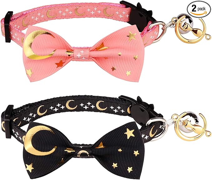 2 PCS Breakaway Cat Collar with Bow Tie and Bell Golden Moon Glowing Star in The Dark for Kitten(Black&Pink)