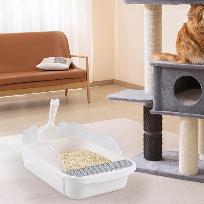 1-Pack Anti Splash Pet Litter Box with Frame, Open Top Cat Litter Box with Scoop, White