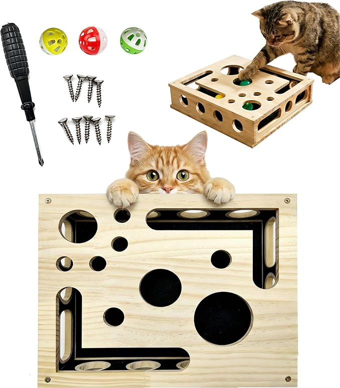 Cat Scratch Puzzle Enrichment Box, Cats Nail File Enrichment Box with Sandpaper Inside, Stress-Free Trimming Nails, Puzzle Feeder Cat Toys Interactive for Indoor Cats Nail Scratcher (with Bell Balls)