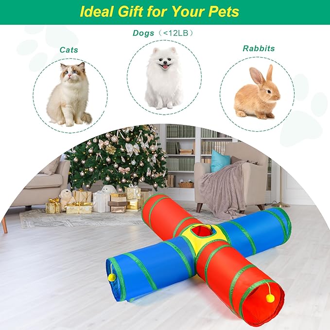 Cat Tunnel 4 Way Collapsible, Interactive Cat Toys for Indoor Cats, 12 PCS Cat Springs Toy Kitten Toys Pack, Large Rainbow Bunny Tunnel Tube with Peephole, Pet Tunnels for Cats Kitty Rabbits