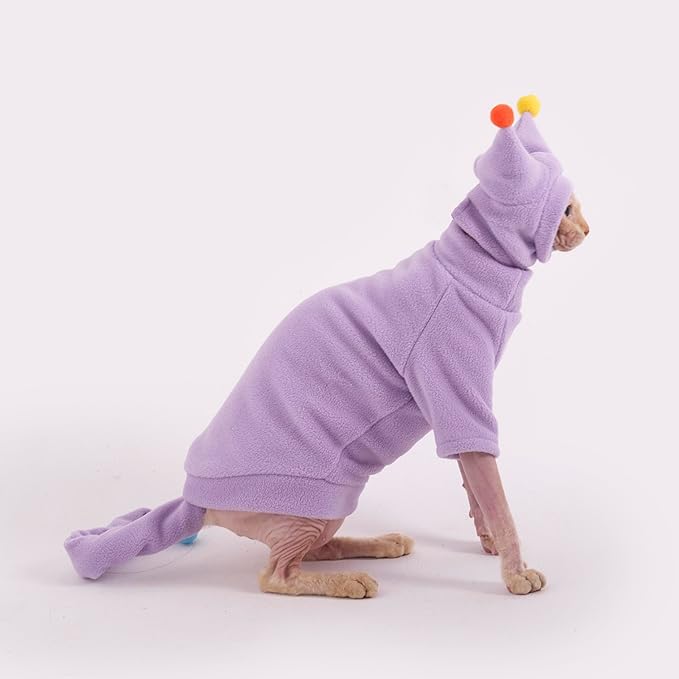 Sphynx Cat Clothes, Warm Cat Jumpsuit with Hat and Tail Cover, Full Set for Hairless Cats, Cornish Rex and Devon Rex (Purple, L(6.5-8lbs))