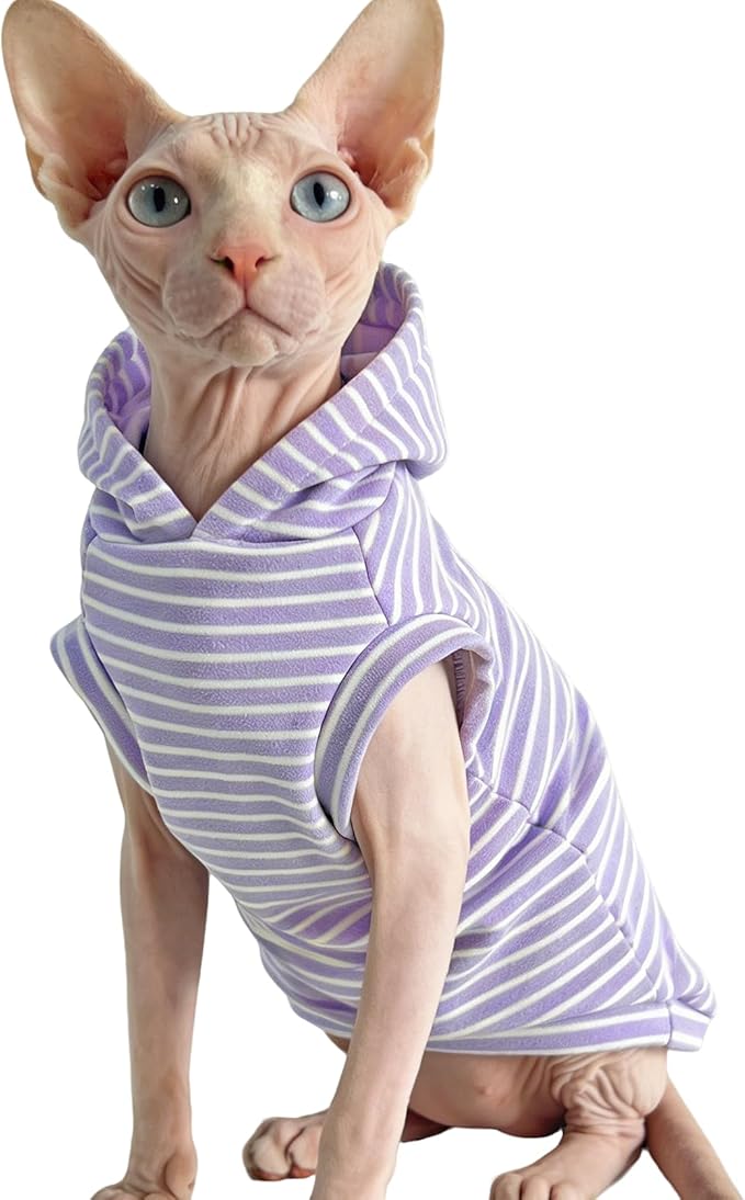 Sphynx Cat Clothes for Cats Only,Classic Striped Hairless Sphinx Cat Clothes Hoodie Shirts, Soft Kitten Sweater Pets Apparel Outfits for Devon Rex, Cornish Rex, Peterbald,Purple,XL