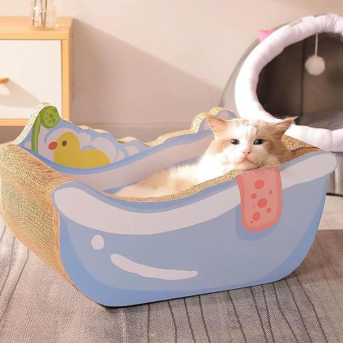 Cat Nest Bed, Cute Bathtub Style Cardboard Lounge, Small Corrugated Paper Cat House with Built in Scratch Board, Play Area for Kitten Puppy Small Dog, Indoor Pet Furniture Living Room Balcony
