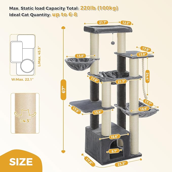 67" Heavy Duty Cat Tree for Indoor Cats Large Adult, XXL Cat Tower with 8 Thick Scratching Posts (φ4.3), Large Perch, Spacious Condo & Big Hammock - for Maine Coon up to 20 lbs, Grey