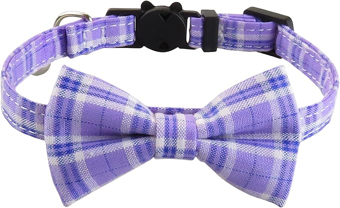 Cat Collar with Bow Tie and Bell, Breakaway Plaid Bowtie Cat Collar for Kitty, Cats, Puppy and Kittens, Purple
