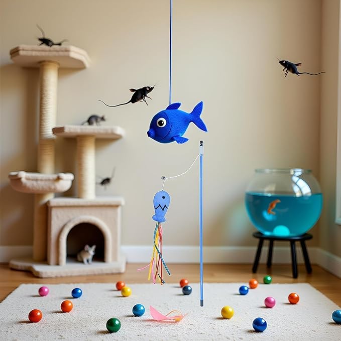 Blue Cat Wand Kitten Teaser Stick Portable Cat Teaser Fish Design Safe Colorful Balls Cats