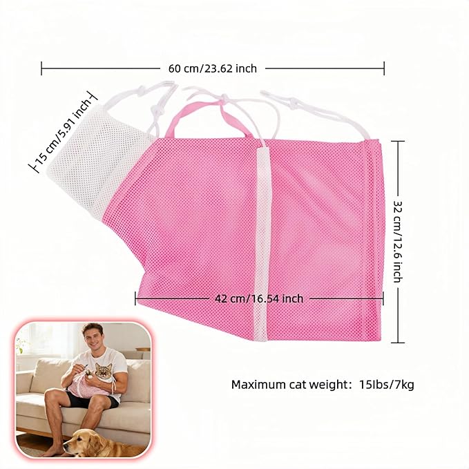 Cat Grooming Restraint Bag with Adjustable Drawstrings, Pink Mesh Bath Bag for Bathing, Nail Trimming, Ear Cleaning, Breathable Polyester with Zipper Design and Handheld Design