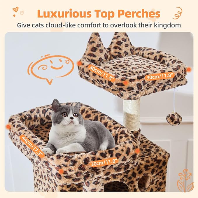 Taoqimiao Cat Tree 71-Inch, Cat Tower for Indoor Cats Large Adult, Multi-Level Large Cat Condo, 8 Sisal Scratching Posts, Metal Frame Cozy Hammock, Scratch Board, 2 Top Perches, Leopard Print MS026LBW