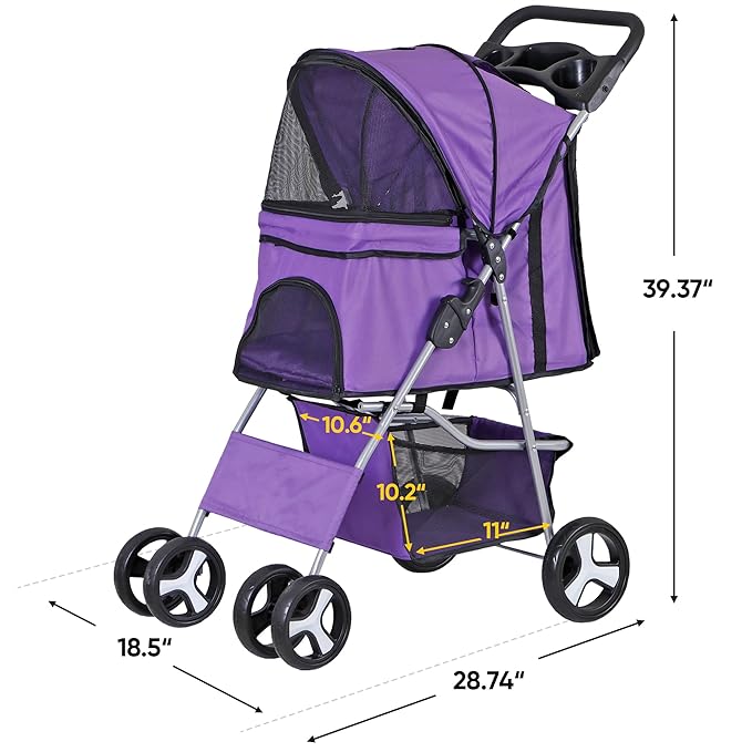 4 Wheels Foldable Pet Dog Cat Jogger Stroller Travel Carrier Strolling Cart w/Waterproof Cover Storage Basket Cup Holder & Removable Liner for Medium Small Cat Dog, Purple