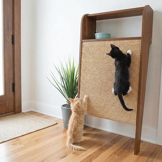 4 Cats & Dogs Wesley Cat Scratcher – Stylish & Durable Sisal Scratching Post Shelf, Vertical Scratch Board Furniture Protector, Indoor Wooden Cat Scratcher for Entryway Décor 20” x 11” x 40”- Walnut