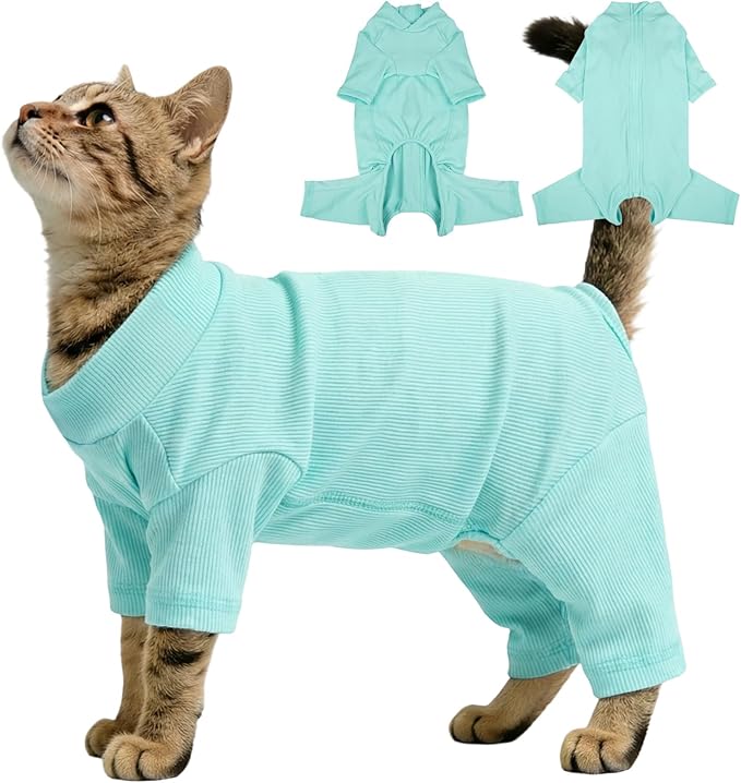 Sticky Hair Cat Clothes, Breathable & Lightweight, Reduces Shedding Fur Pajamas, Full Body Long Sleeve Surgical Bodysuit, Stop Licking & Shedding Blue S