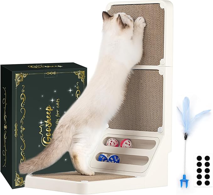 Goosheep Cat Scratching Board Kitten Scratching Ball Wall Scratchers for Indoor Cats L Shaped Cat Scratcher Cats with Scratcher Pads White